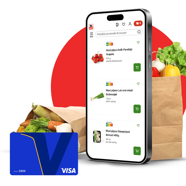 Smartphone showing Maxi online grocery app with Visa card and paper bags full of fresh vegetables