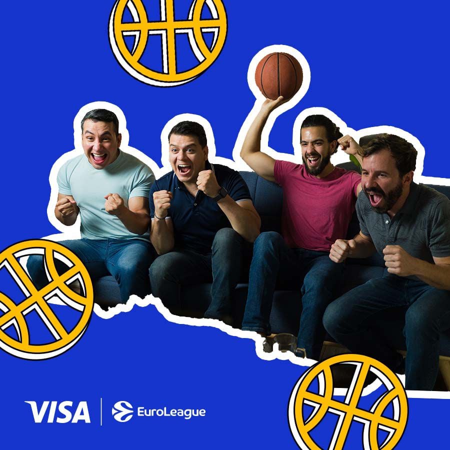 Four enthusiastic men cheer while watching a basketball game on a blue background. EuroLeague and Visa logos are on the left.